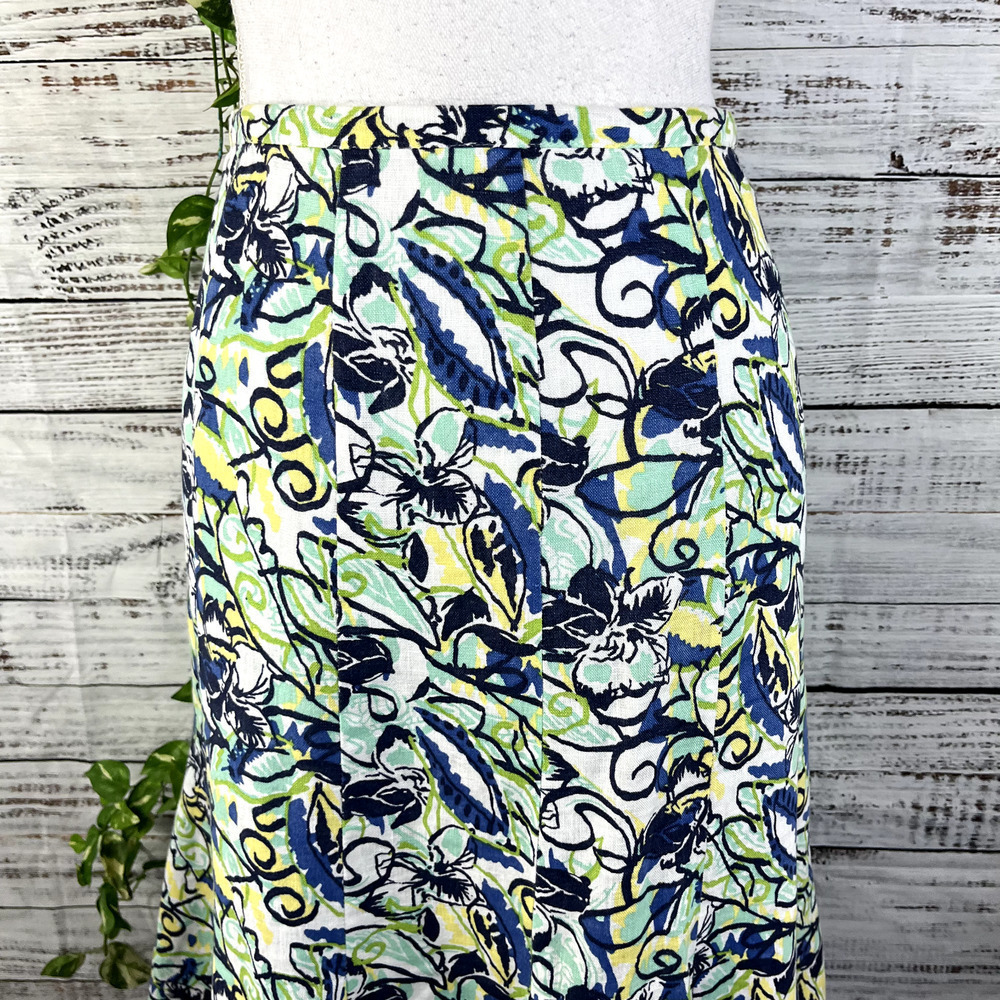 JM Collection Skirt 16 Petite Blue Green Yellow Floral Linen Calf Midi Hawaii - Picture 4 of 13